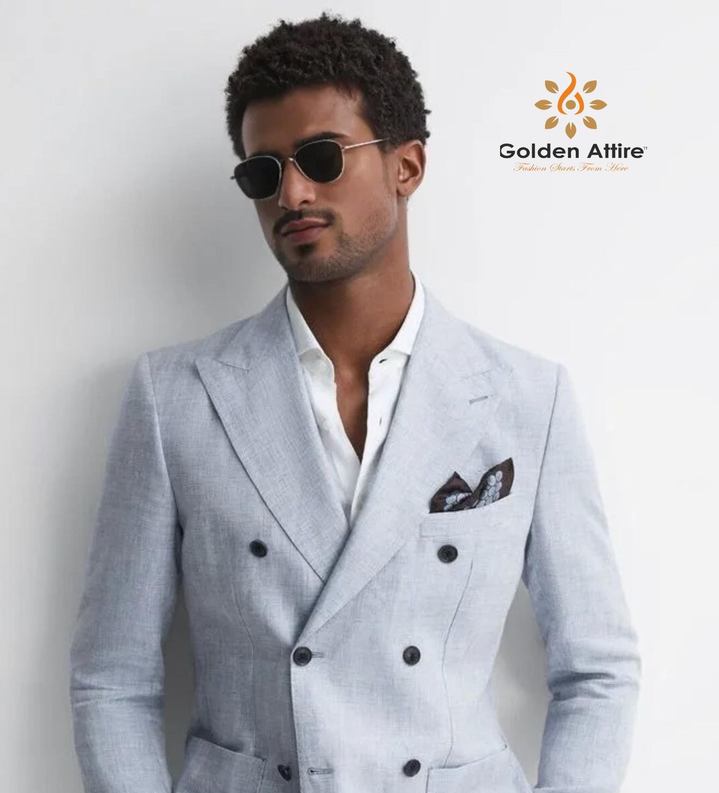 Sky Blue Linen Double-Breasted Suit, Customizable Tailoring Suit