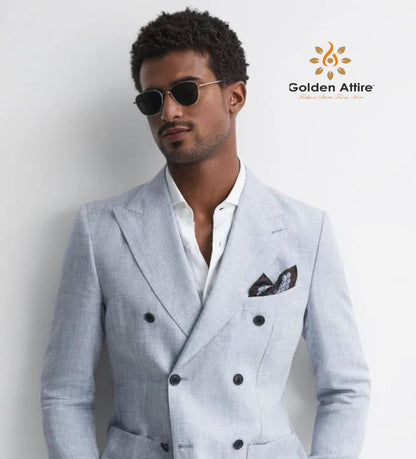 Sky Blue Linen Double-Breasted Suit, Customizable Tailoring Suit