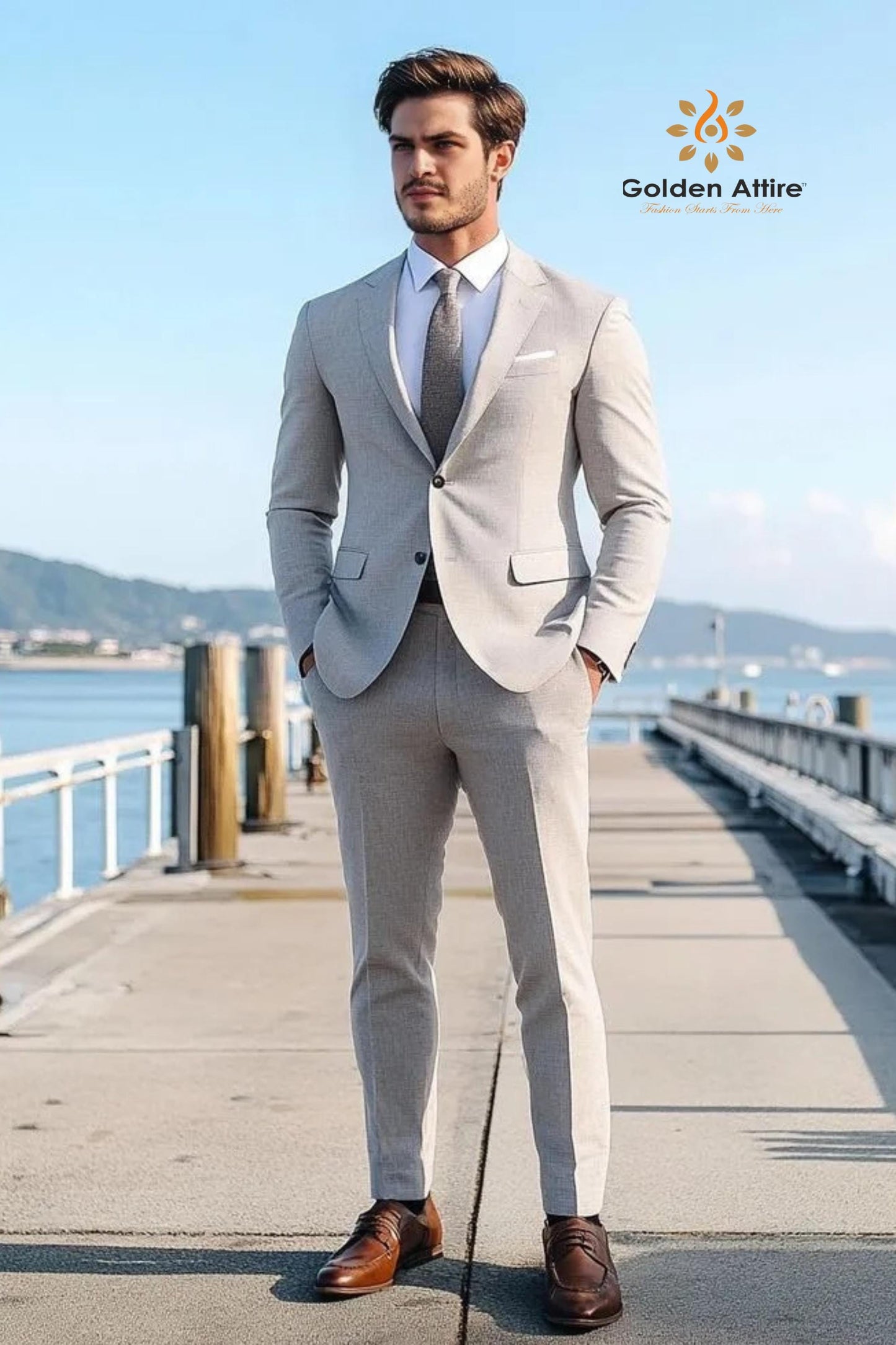 Customizable Light Grey Suit, Modern Fit, Black Button Detail