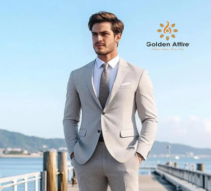 Customizable Light Grey Suit, Modern Fit, Black Button Detail
