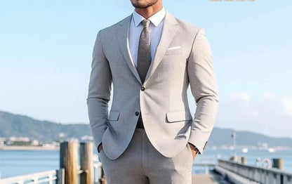 Customizable Light Grey Suit, Modern Fit, Black Button Detail