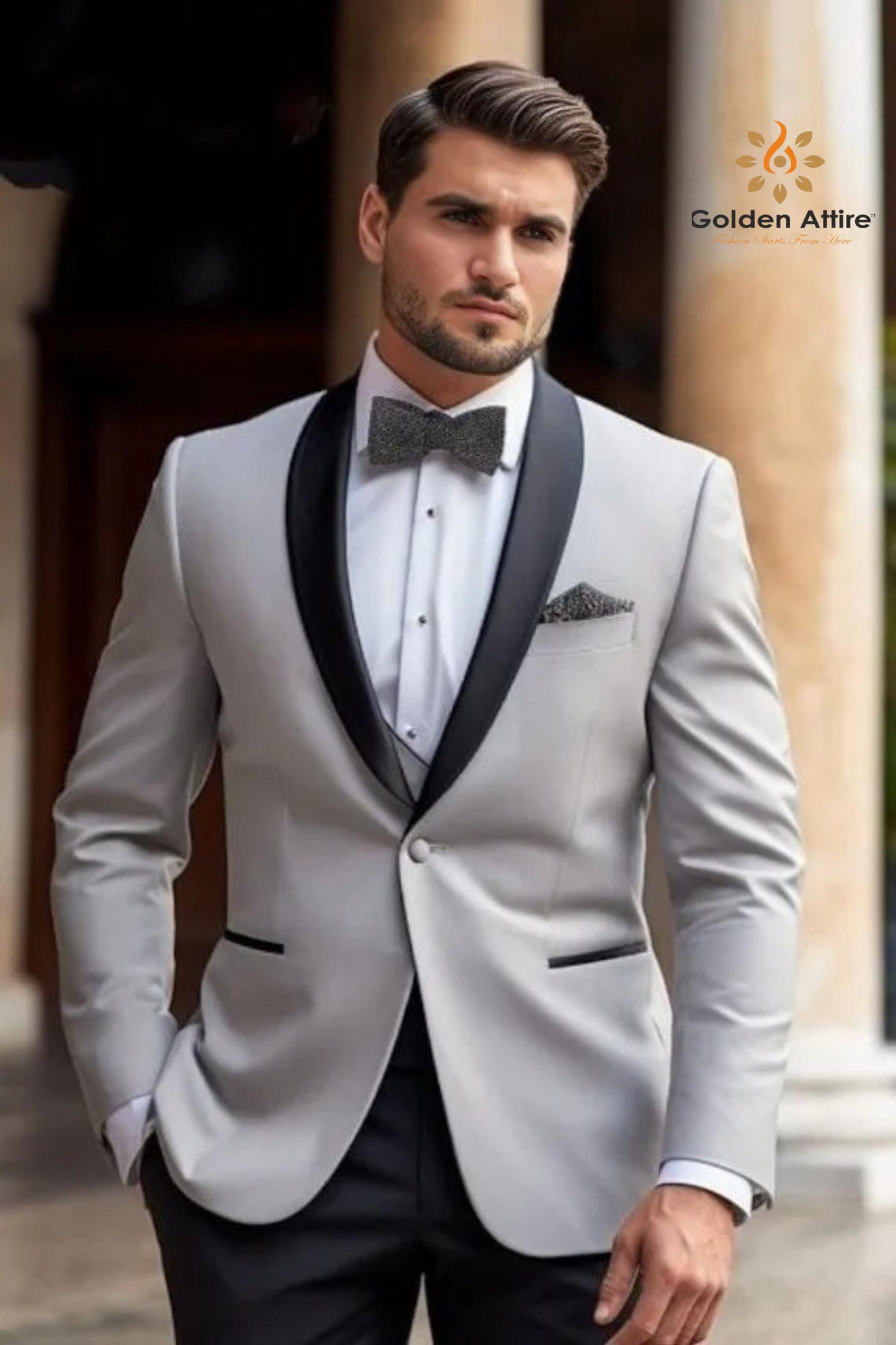 Light Grey Tuxedo Suit, Terry Rayon Shawl Lapel - Customizable
