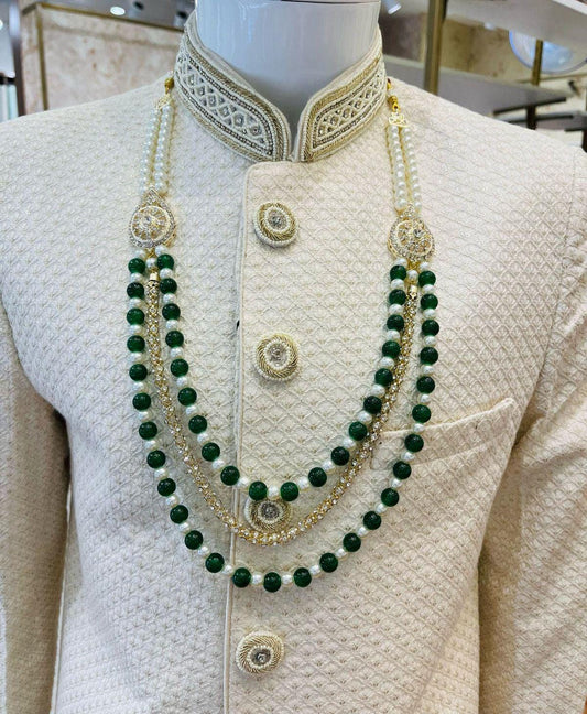 Green Pearl Mala Necklace, Indian Groom Sherwani Accessory