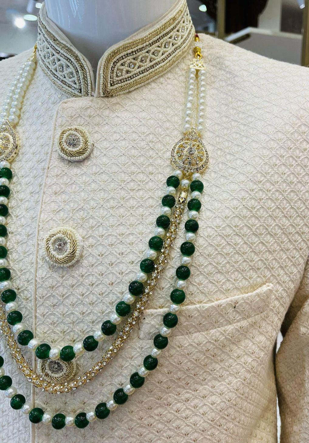 Green Pearl Mala Necklace, Indian Groom Sherwani Accessory