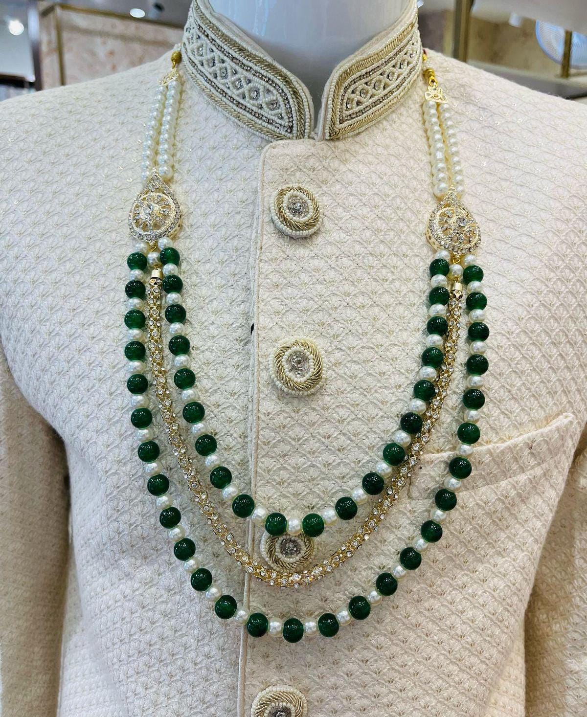 Green Pearl Mala Necklace, Indian Groom Sherwani Accessory