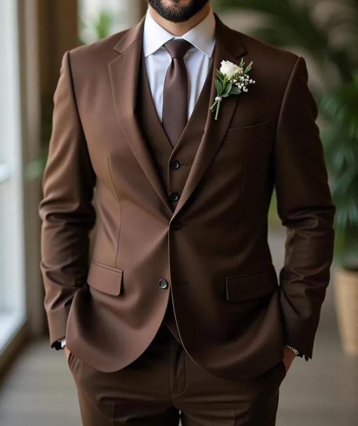 Dark Brown Three Piece Suit, Customizable Fit, Engagement Reception, business suit for men