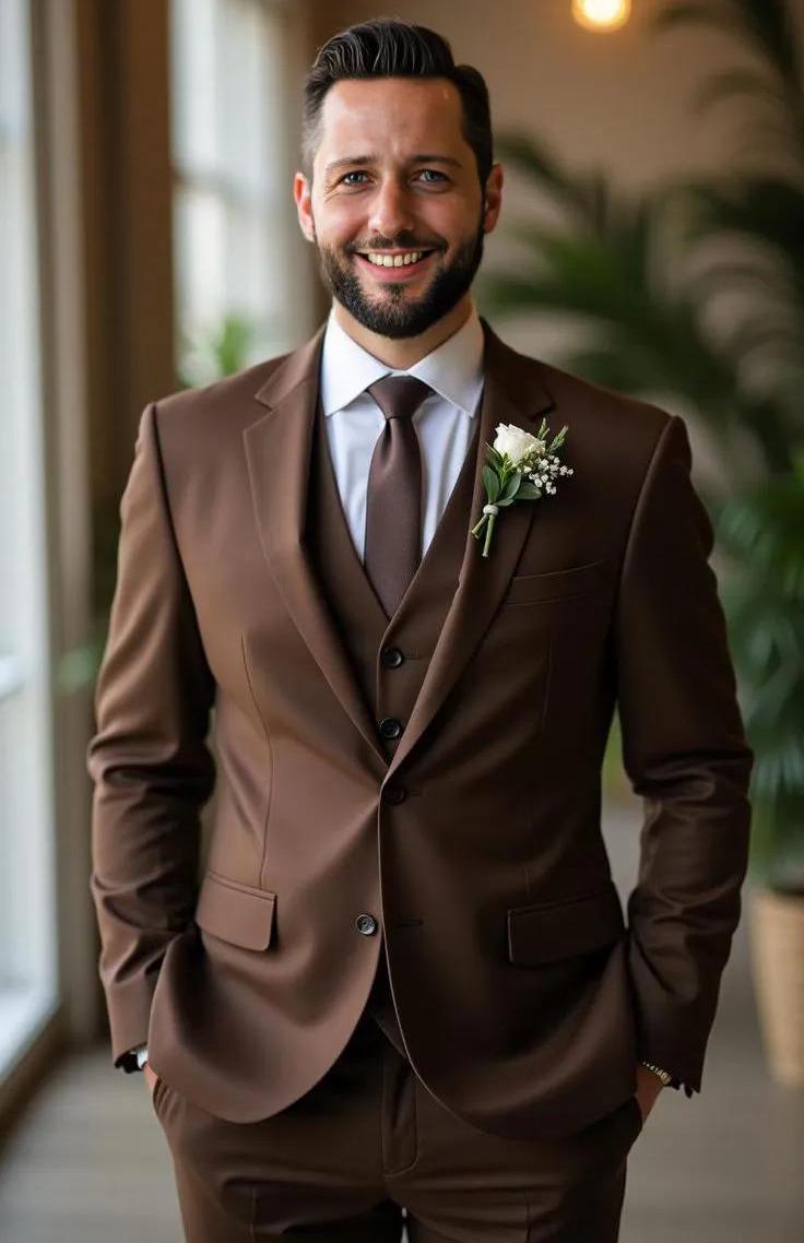 Dark Brown Three Piece Suit, Customizable Fit, Engagement Reception, business suit for men