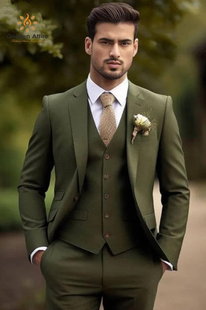 Elegant Olive Green Suit: Slim Fit Terry Rayon Three Piece Wedding Suit