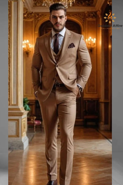 Light Brown Groom Suit, Terry Rayon 3-Piece Wedding Ensemble