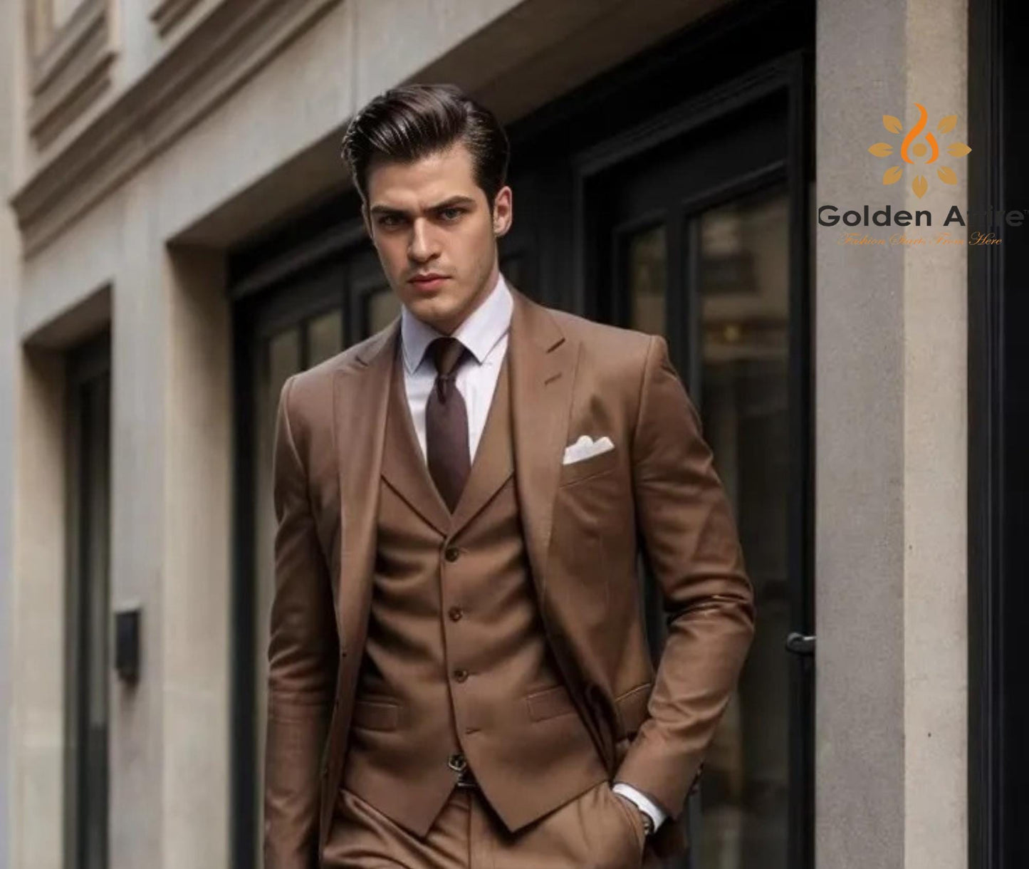 Brown Terry Rayon 3-Piece Suit, Comfortable Groom Wedding Attire