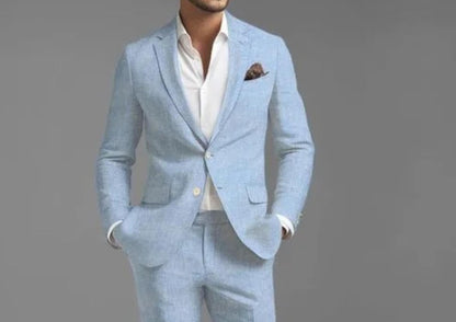 Sky Blue Linen Two-Piece Suit, Summer Wedding, Prom