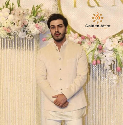 Customizable Off White Terry Rayon Jodhpuri Suit, Elegant Indian Wedding Outfit