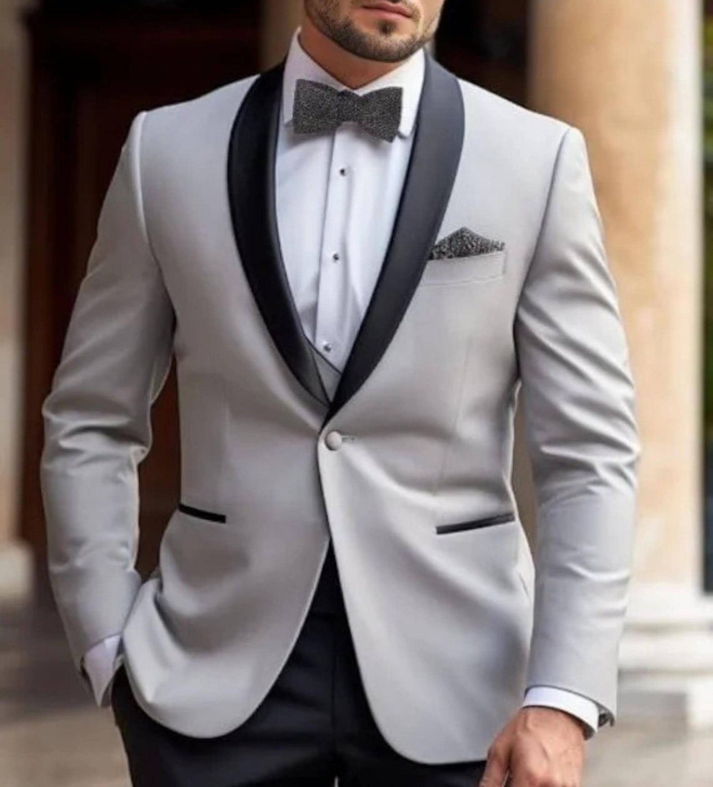 Light Grey Tuxedo Suit, Terry Rayon Shawl Lapel - Customizable