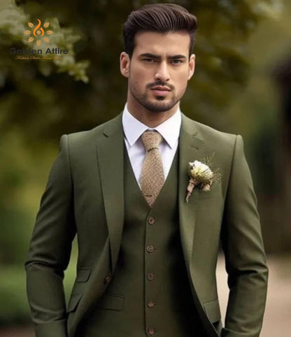 Elegant Olive Green Suit: Slim Fit Terry Rayon Three Piece Wedding Suit