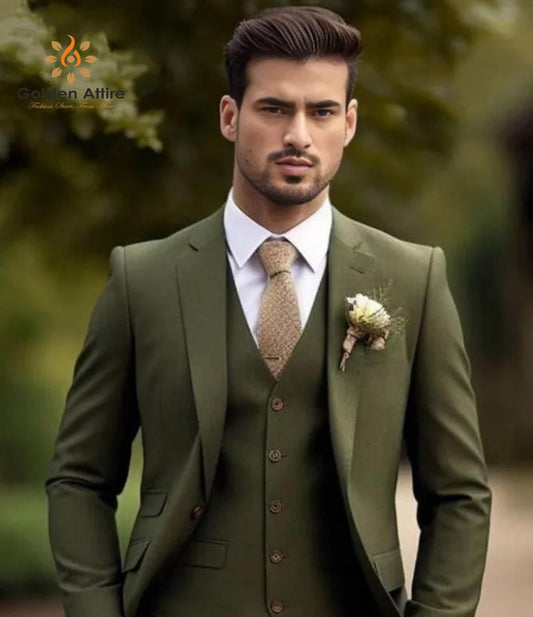 Elegant Olive Green Suit: Slim Fit Terry Rayon Three Piece Wedding Suit