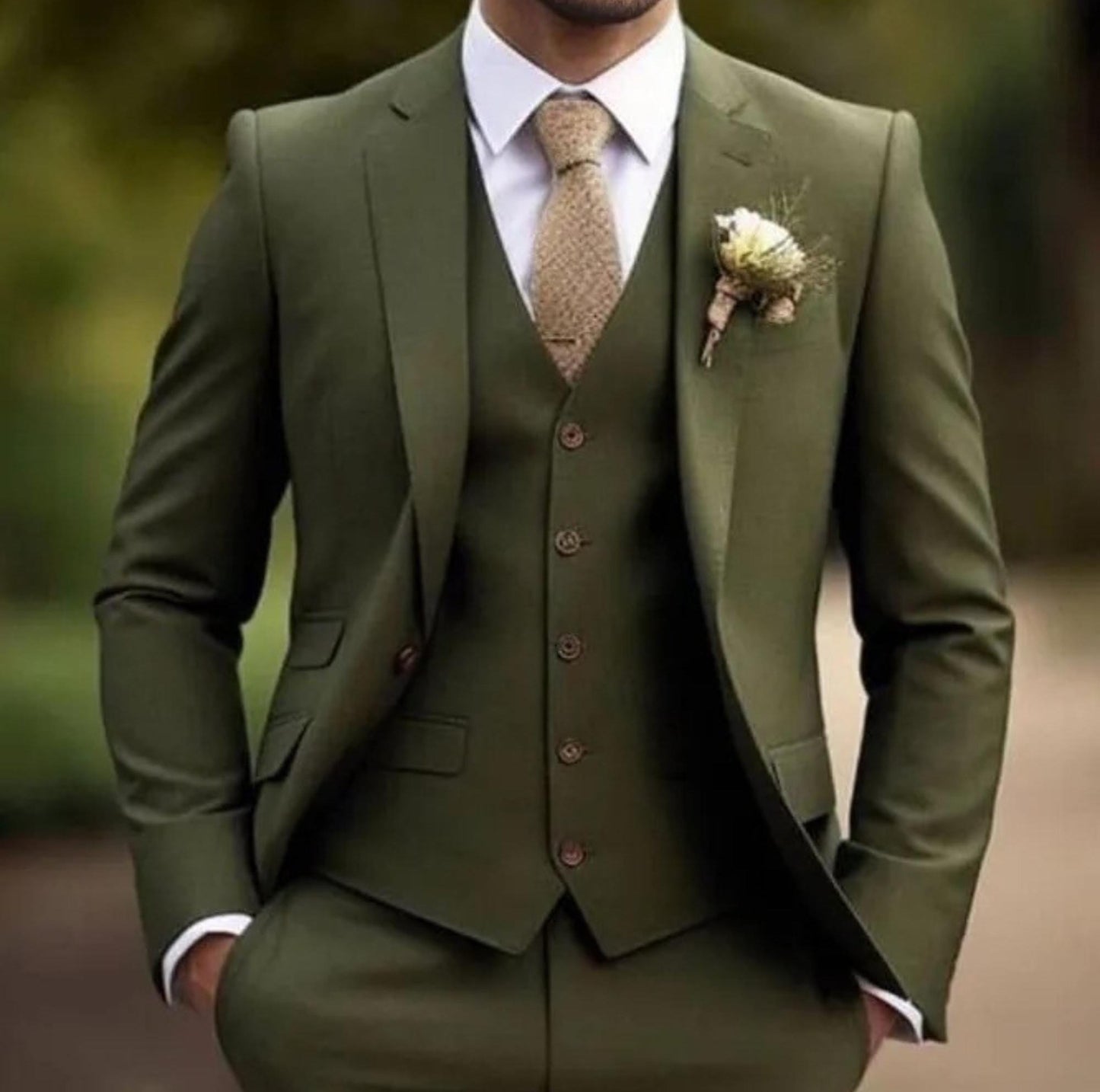Elegant Olive Green Suit: Slim Fit Terry Rayon Three Piece Wedding Suit