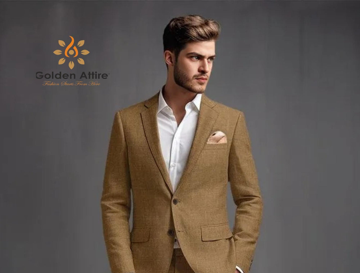 Men's Brown Linen Suit: Customizable Two Piece Groom Attire