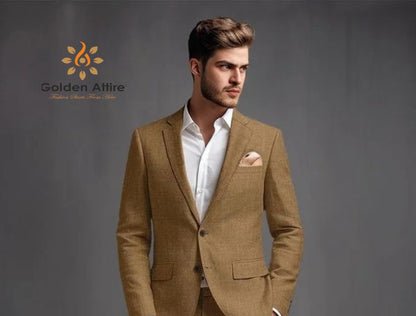 Men's Brown Linen Suit: Customizable Two Piece Groom Attire
