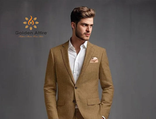 Men's Brown Linen Suit: Customizable Two Piece Groom Attire