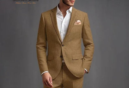 Men's Brown Linen Suit: Customizable Two Piece Groom Attire