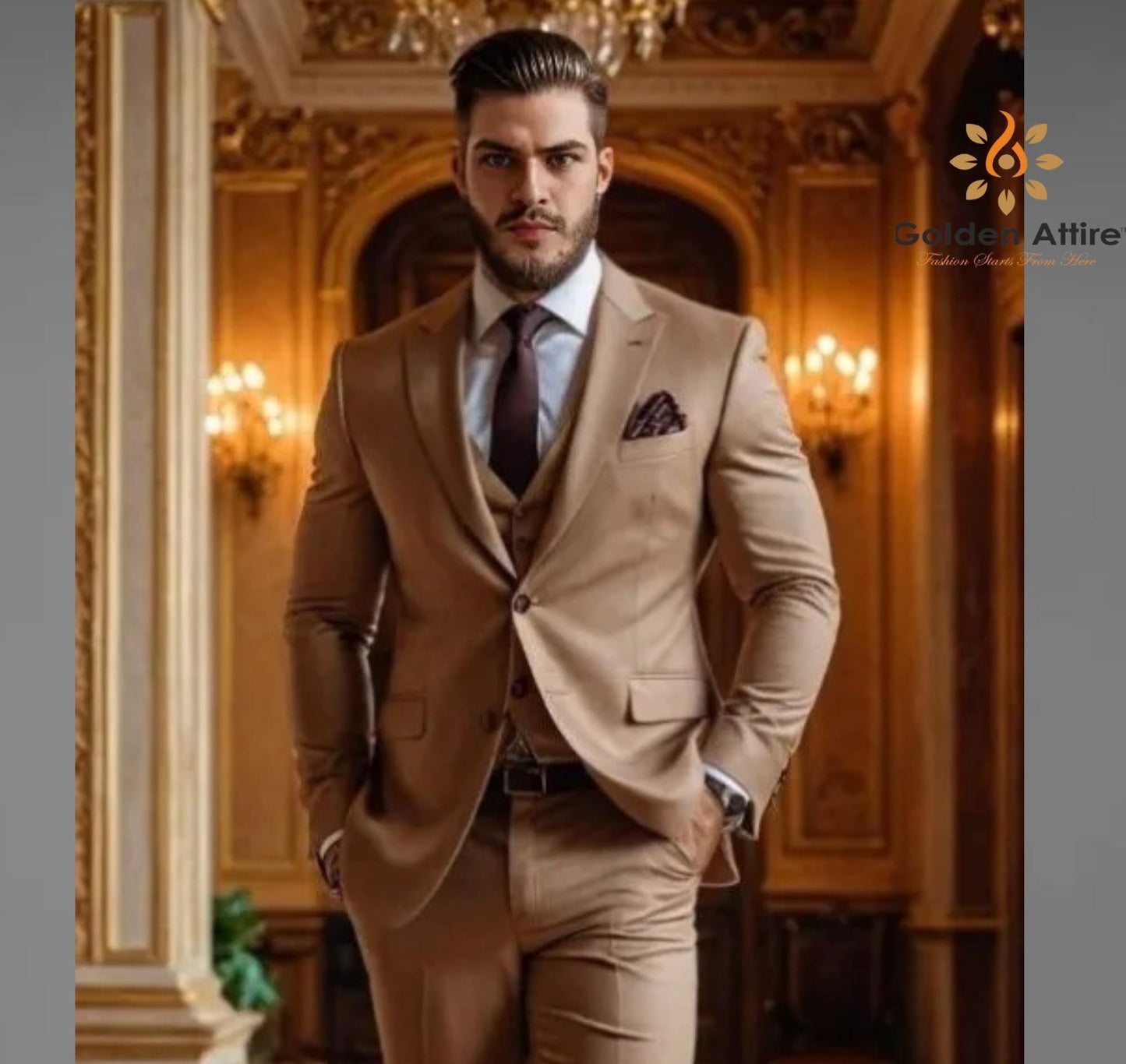 Light Brown Groom Suit, Terry Rayon 3-Piece Wedding Ensemble