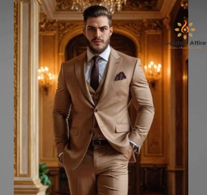 Light Brown Groom Suit, Terry Rayon 3-Piece Wedding Ensemble