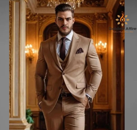 Light Brown Groom Suit, Terry Rayon 3-Piece Wedding Ensemble