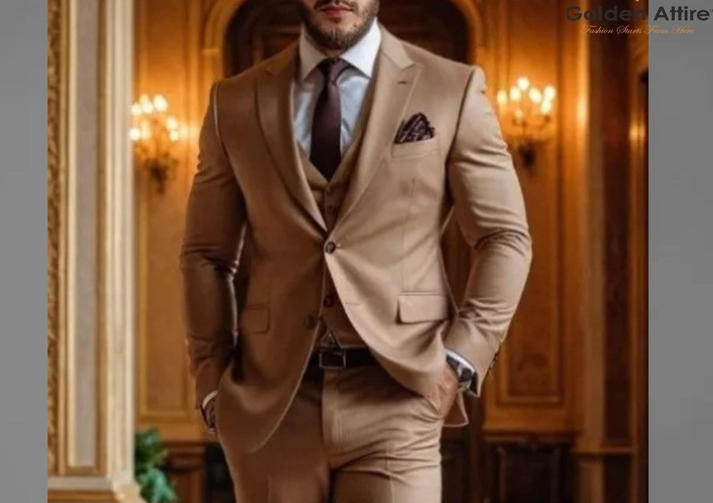 Light Brown Groom Suit, Terry Rayon 3-Piece Wedding Ensemble
