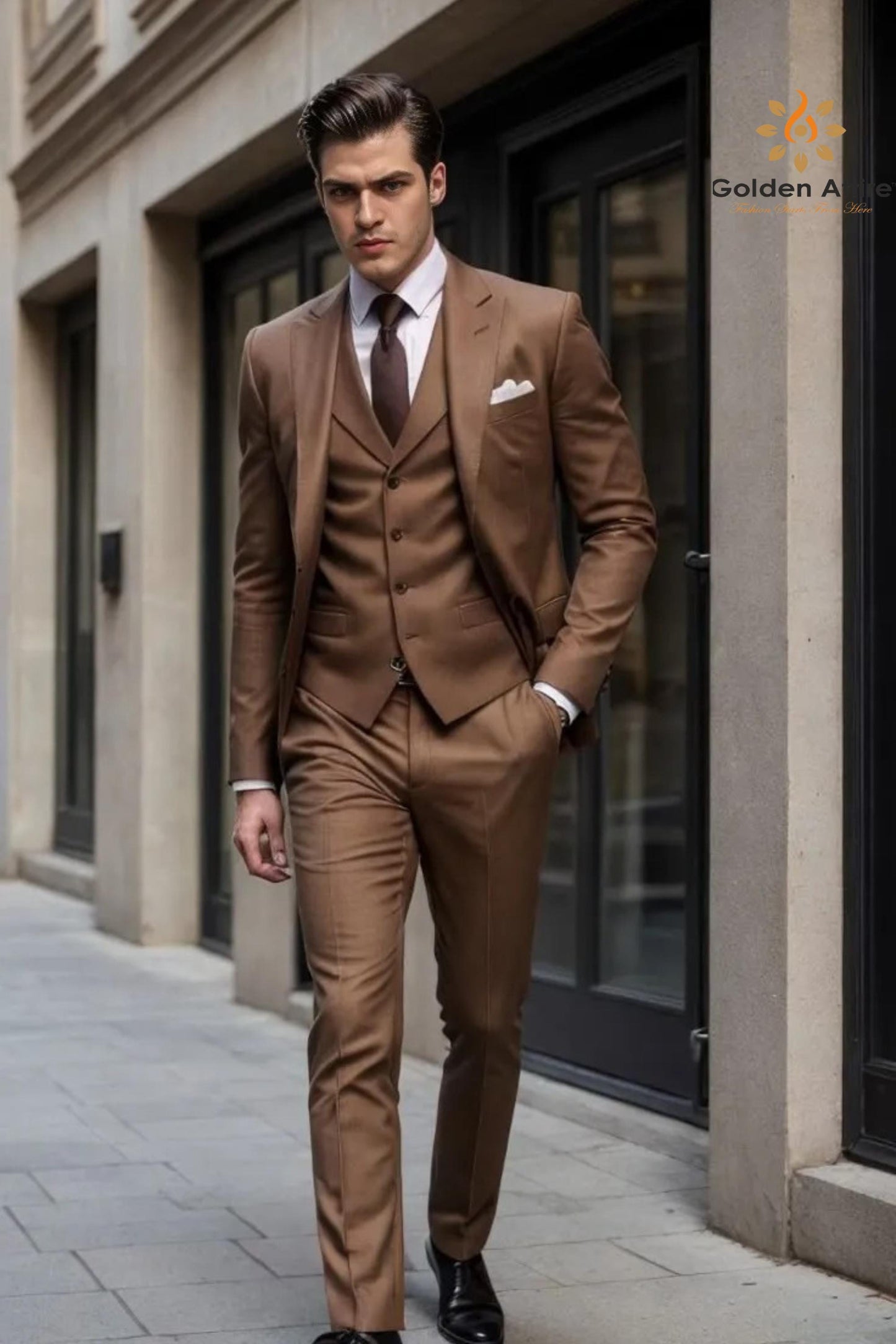 Brown Terry Rayon 3-Piece Suit, Comfortable Groom Wedding Attire