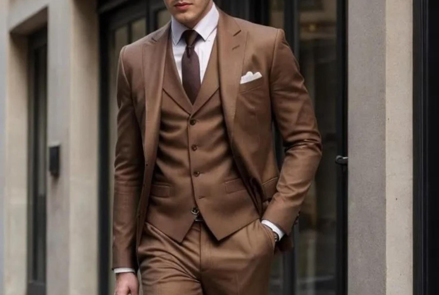 Brown Terry Rayon 3-Piece Suit, Comfortable Groom Wedding Attire