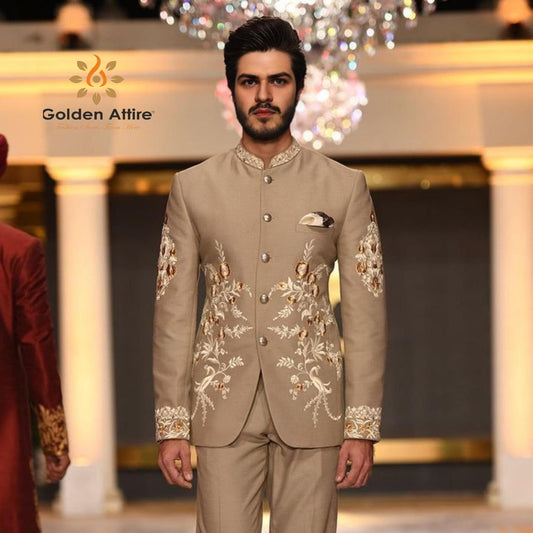Beige Bandhgala Jodhpuri Groom Suit: Zardozi Embroidery, Customizable