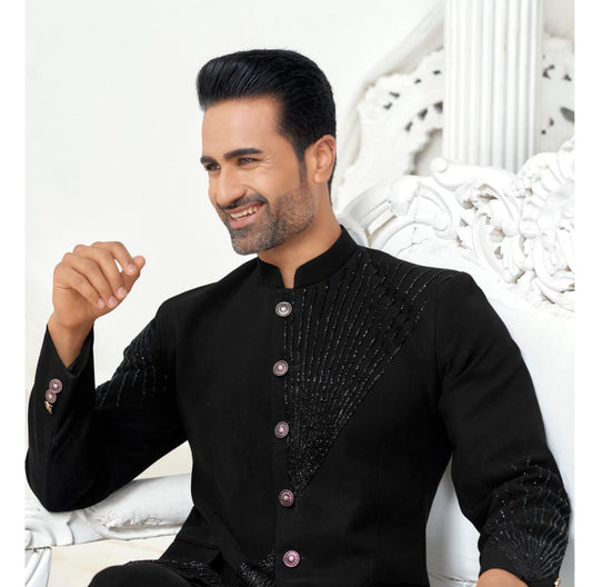 Elegant Black Handwork Jodhpuri Suit: Indian Groom Wedding Outfit