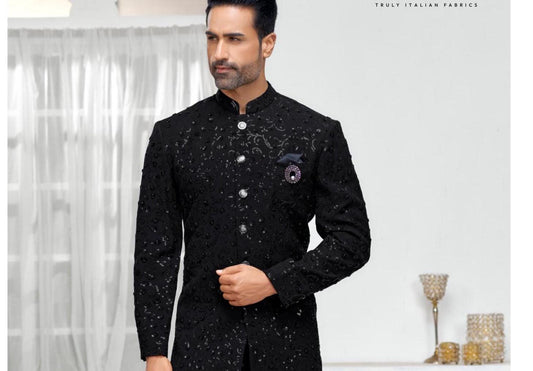 Majestic Black Handwork Sherwani: Indo Western Groom Outfit