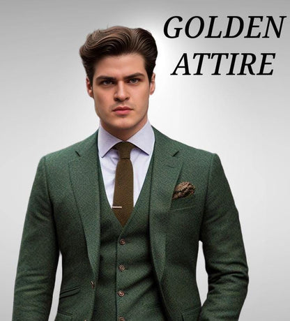 Green Wool Tweed Suit, Classic 3 Piece Men's Suit