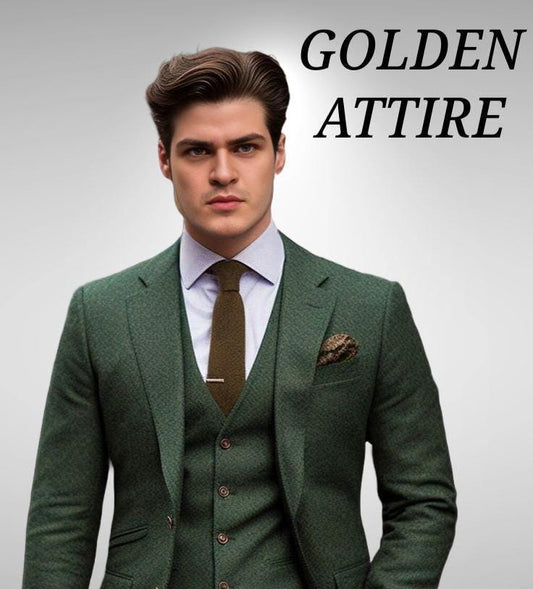 Green Wool Tweed Suit, Classic 3 Piece Men's Suit