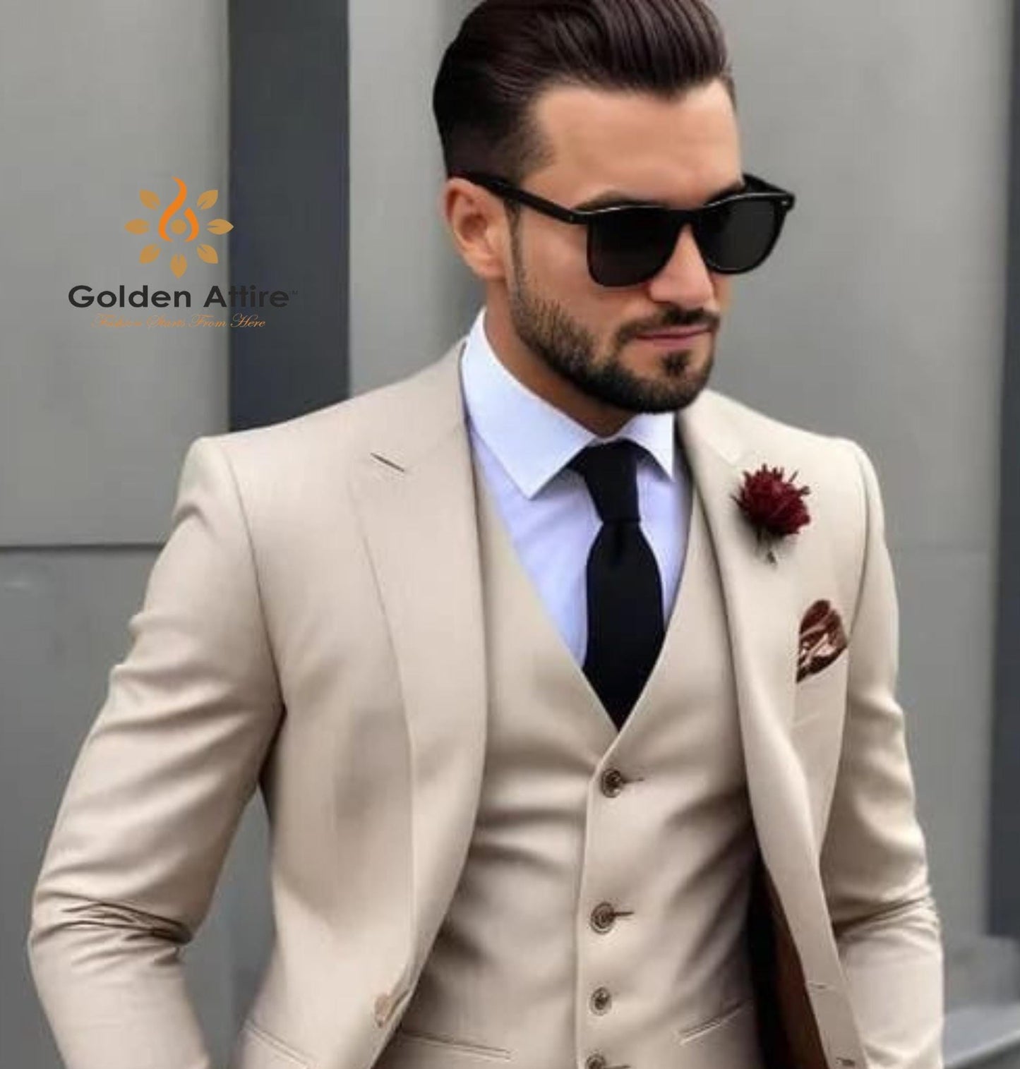 Beige Terry Rayon Three-Piece Suit, Elegant Wedding Groom Suit