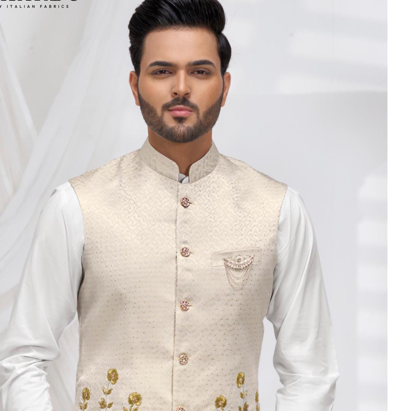 Cream Nehru Jacket: Embroidered Modi Jacket, Groom Wedding Waistcoat