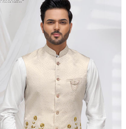 Cream Nehru Jacket: Embroidered Modi Jacket, Groom Wedding Waistcoat