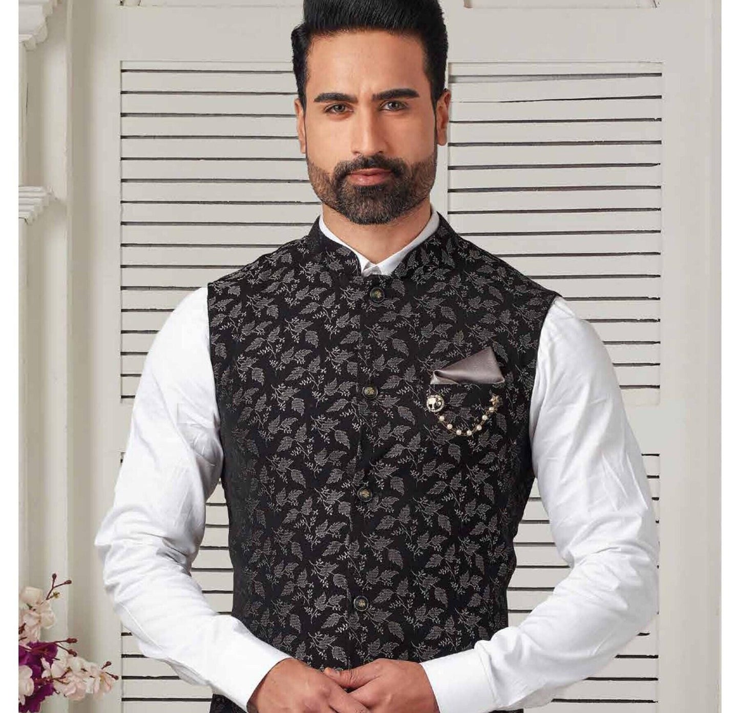 Black Print Nehru Jacket: Men's Modi Waistcoat, Groom Wedding Attire