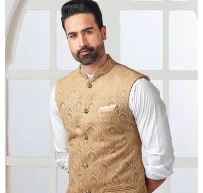 Beige Nehru Jacket: Men's Modi Waistcoat, Groom Outfit