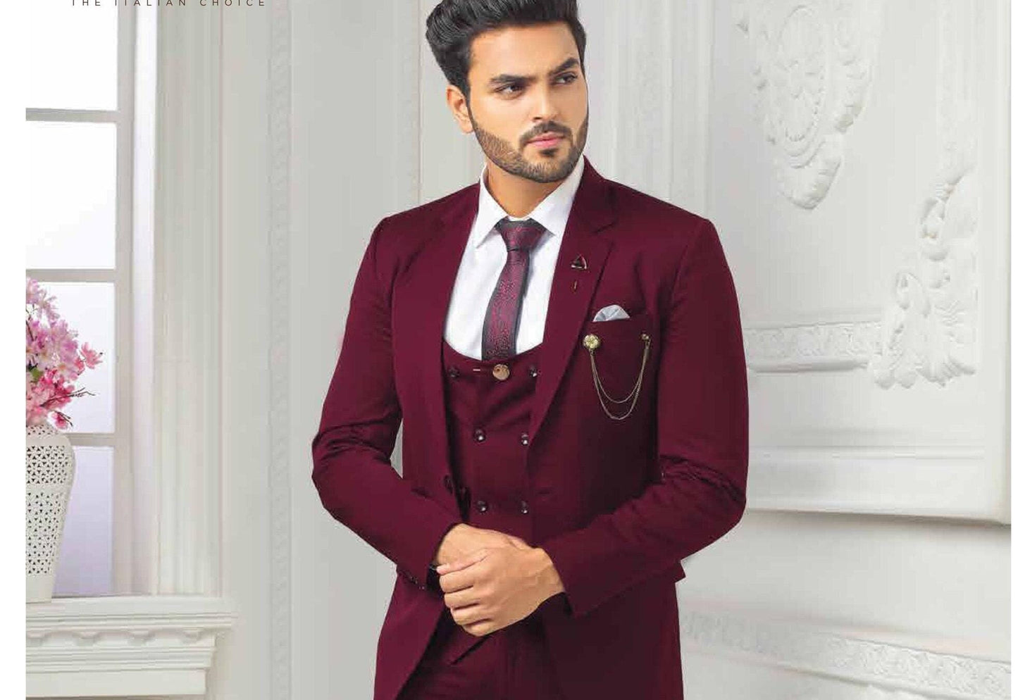 Maroon Three-Piece Men's Suit: Wedding Groom Engagement Bespoke Suit