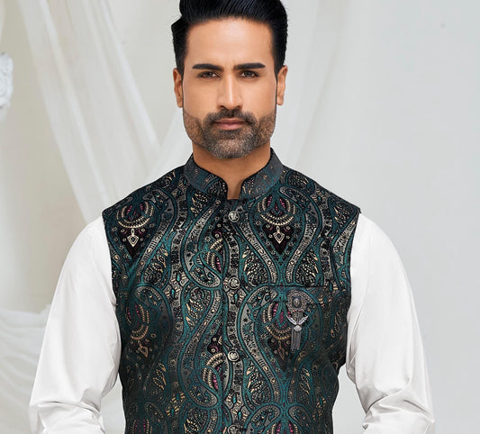 Green Printed Nehru Jacket, Men's Indian Wedding Waistcoat