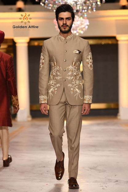 Beige Bandhgala Jodhpuri Groom Suit: Zardozi Embroidery, Customizable