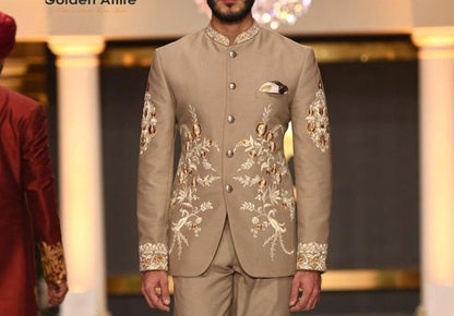 Beige Bandhgala Jodhpuri Groom Suit: Zardozi Embroidery, Customizable