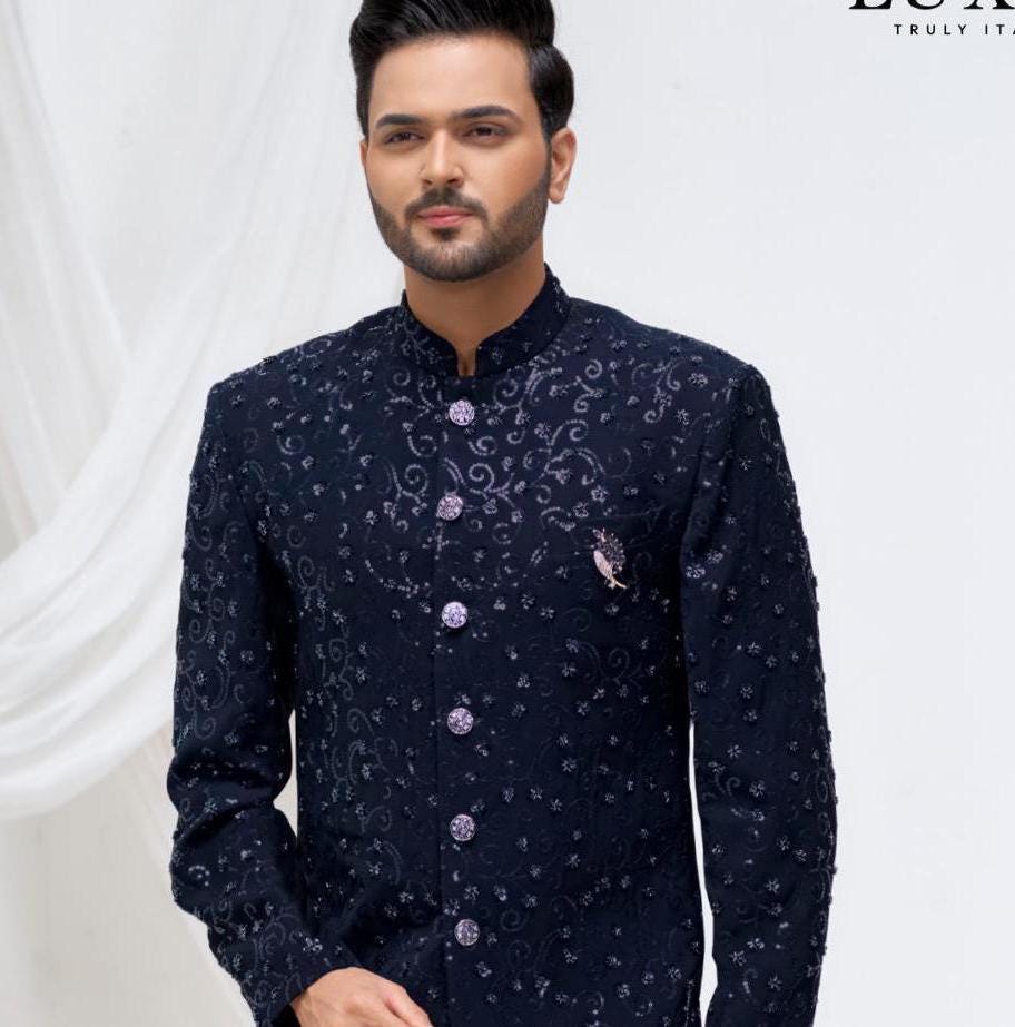 Blue Handwork Sherwani: Bollywood Groom Jodhpuri Suit