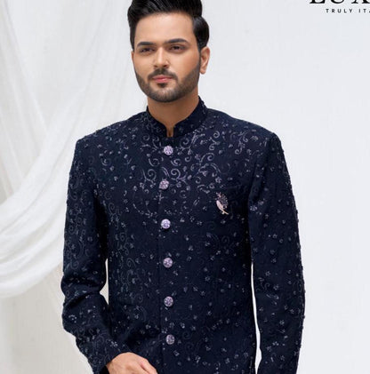 Blue Handwork Sherwani: Bollywood Groom Jodhpuri Suit