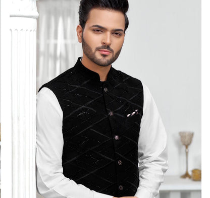 Handwork Printed Black Nehru Jacket: Indian Wedding Groom Attire