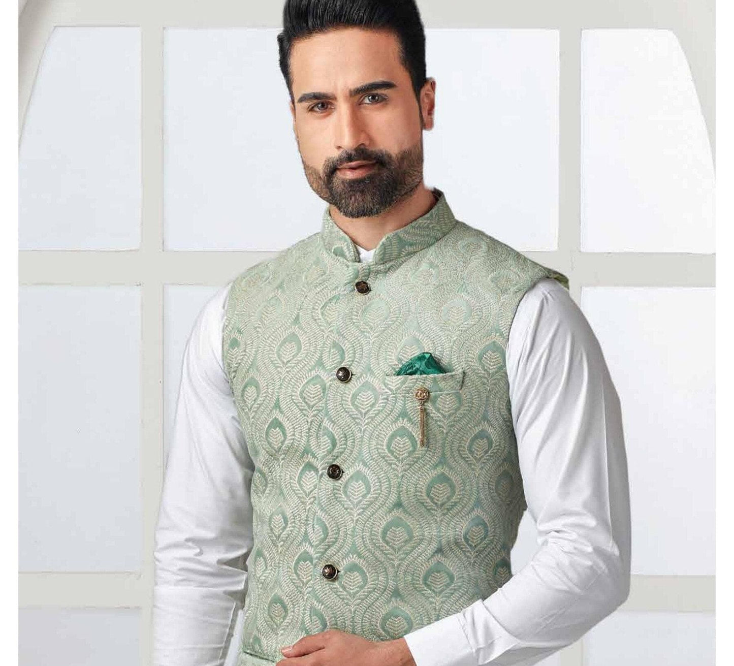 Sage Green Nehru Jacket, Classic Indian Wedding Attire, green velvet Thread embroidery waistcoat
