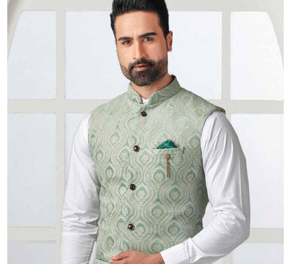 Sage Green Nehru Jacket, Classic Indian Wedding Attire, green velvet Thread embroidery waistcoat