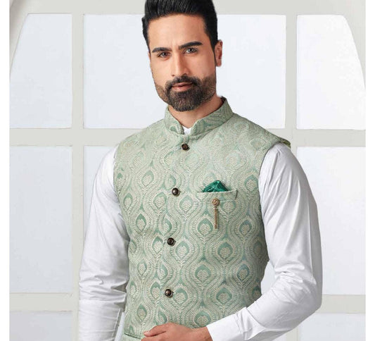 Sage Green Nehru Jacket, Classic Indian Wedding Attire, green velvet Thread embroidery waistcoat